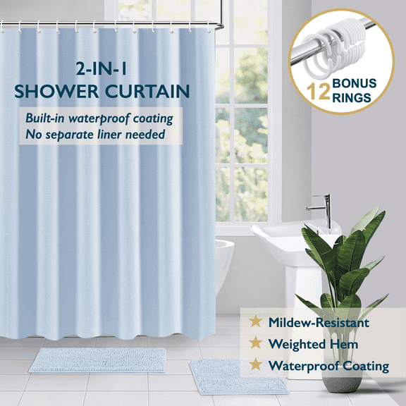 ComfiTime Shower Curtain/Liner with Hooks – 2-in-1 Mold/Mildew-Resistant, Weighted-Hem Fabric Bathroom Curtain, Water-Repellent TPU Coating, Machine-Washable, Fade-Resistant, Blue, 72*72