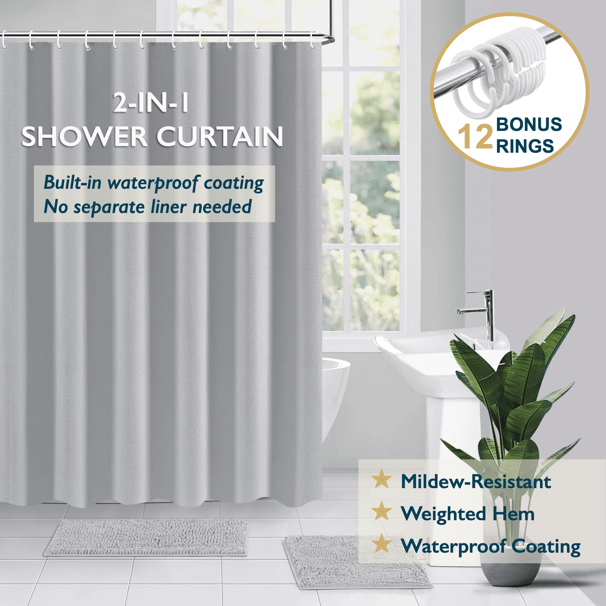 ComfiTime Shower Curtain/Liner with Hooks 2in1 Mold/Mildew