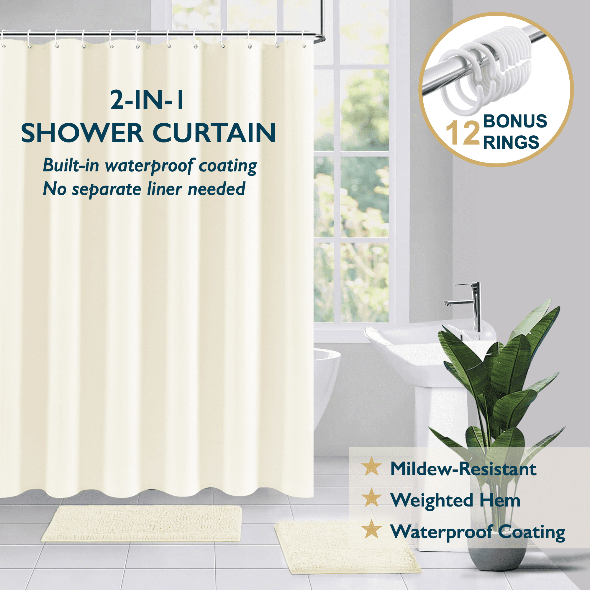 ComfiTime Shower Curtain/Liner with Hooks – 2-in-1 Mold/Mildew ...