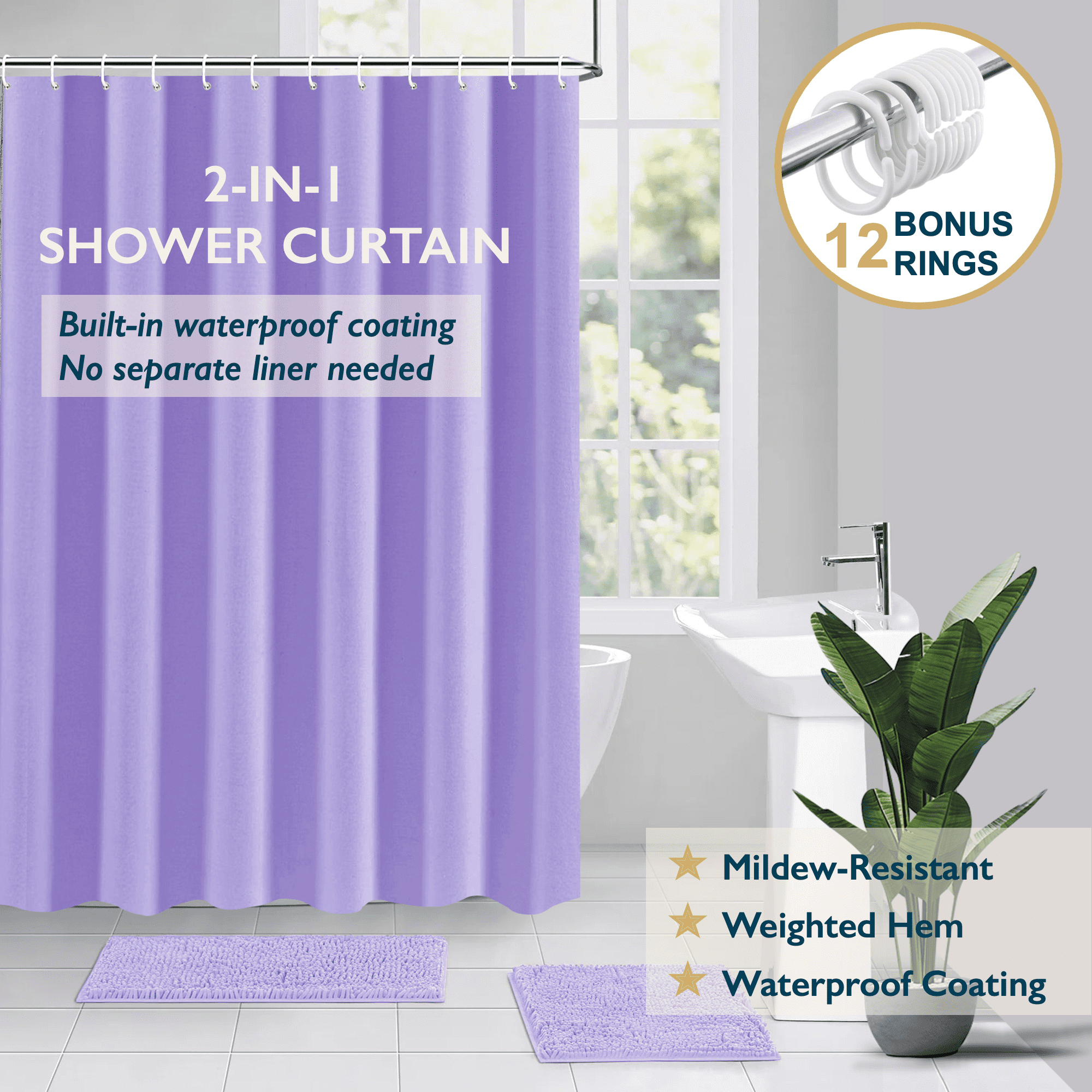 ComfiTime Shower Curtain/Liner with Hooks – 2-in-1 Mold/Mildew ...