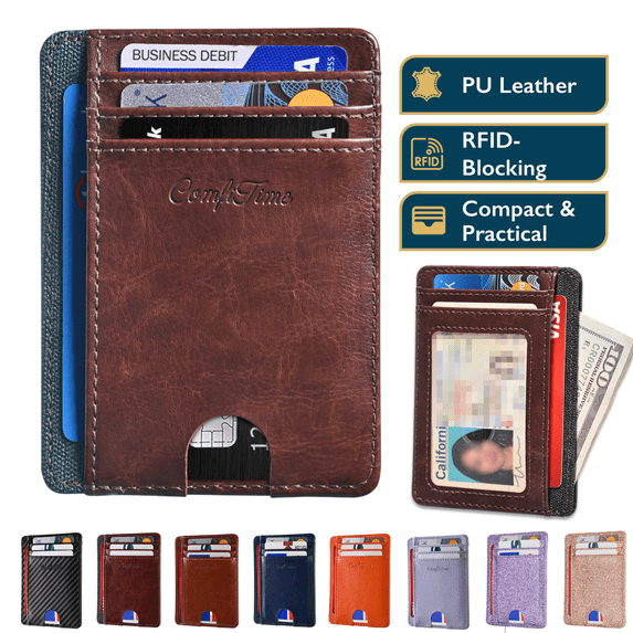 ComfiTime Slim Men’s Wallet - RFID Minimalist Wallet for Men & Women, Small Thin Leather Wallet with ID Window, Credit Card Holder Front Pocket Wallet, Travel Accessories & Gift Box, Brown