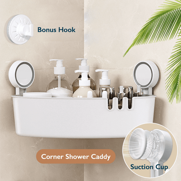 ComfiTime Suction Cup Corner Shower Caddy – No-Drill, No-Adhesive, Durable Bathroom Shelf Organizer, Removable Plastic Bathtub Caddy, Inside Shower Storage Rack, Holds up to 22 lbs, White
