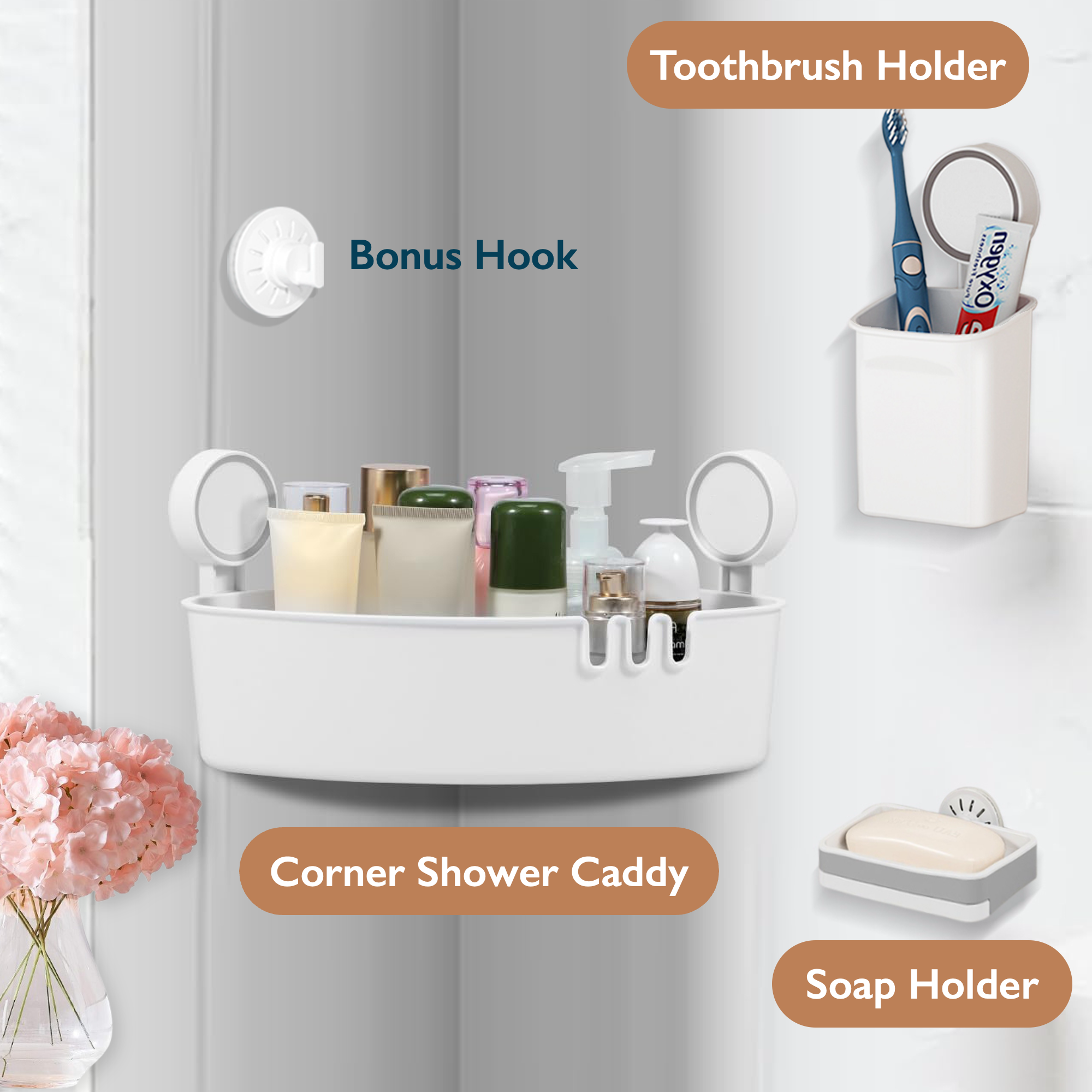 ComfiTime Suction Cup Corner Shower Caddy, Soap Holder & Toothbrush Holder Set – Durable Bathroom Shelf Organizer, Removable Plastic Bathtub Caddy, Inside Shower Storage Rack, Holds Up to 22 lbs