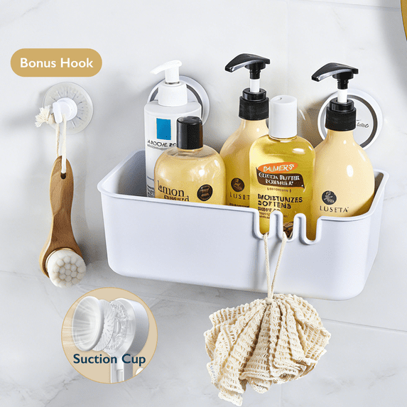 ComfiTime Suction Cup Shower Caddy – No-Drill, No-Adhesive, Durable Bathroom Shelf Organizer, Removable Plastic Bathtub Caddy, Inside Shower Storage Rack, Holds Up to 22 lbs, White