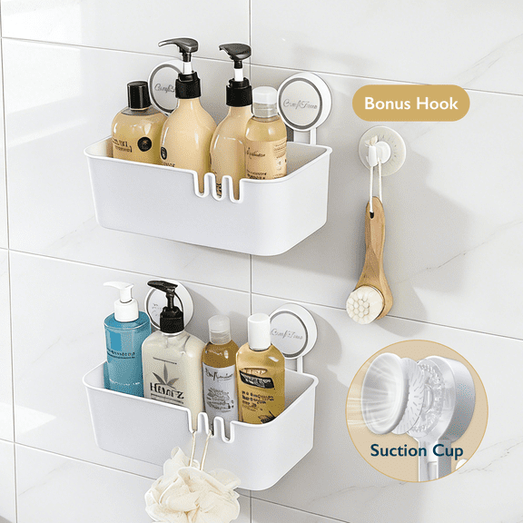 ComfiTime Suction Cup Shower Caddy Set (2 Pack) – No-Drill, No-Adhesive, Durable Bathroom Shelf Organizer, Removable Plastic Bathtub Caddy, Inside Shower Storage Rack, Each Holds Up to 22 lbs, White