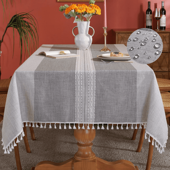 ComfiTime Table Cloth – Fitted Table Cover for 6 Foot, 8 Foot and other Size Rectangle or Round Tables, Faux Linen/Burlap Tablecloth for Parties w/ Tassel & Embroidery, 55*102, Gray