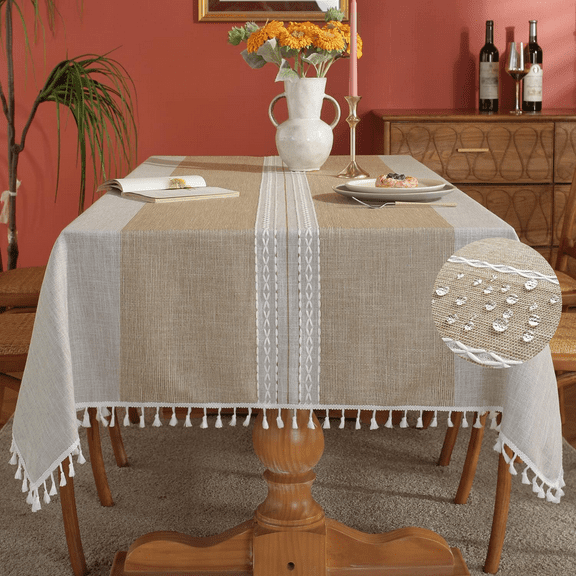 ComfiTime Table Cloth – Fitted Table Cover for 6 Foot, 8 Foot and other Size Rectangle or Round Tables, Faux Linen/Burlap Tablecloth for Parties w/ Tassel & Embroidery, 55*70, Beige