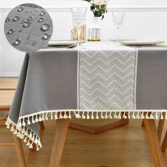 ComfiTime Table Cloth – Fitted Table Cover for 6 Foot, 8 Foot and other Size Rectangle or Round Tables, Faux Linen/Burlap Tablecloth for Parties w/ Tassel & Embroidery, 55*70, Gray
