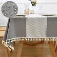 thumbnail image 1 of ComfiTime Table Cloth – Fitted Table Cover for 6 Foot, 8 Foot and other Size Rectangle or Round Tables, Faux Linen/Burlap Tablecloth for Parties w/ Tassel & Embroidery, 55*86, Gray, 1 of 9