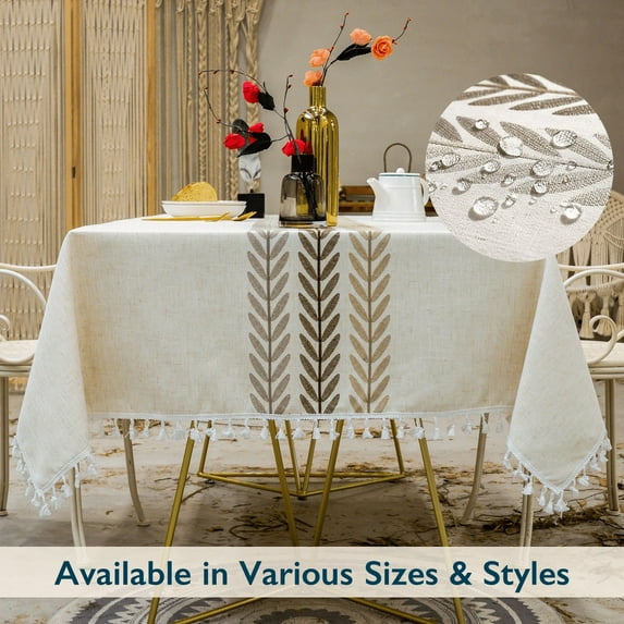 ComfiTime Table Cloth – Fitted Table Cover for 6 Foot, 8 Foot and other Size Rectangle or Round Tables, Faux Linen/Burlap Tablecloth for Parties w/ Tassel & Embroidery, 55 x 55, Ivory White