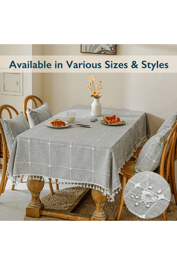 Table Cloth – Fitted Table Cover for 6 Foot, 8 Foot and other Size Rectangle or Round Tables, Faux Linen/Burlap Tablecloth for Parties w/ Tassel & Embroidery, 55 x 70, Gray