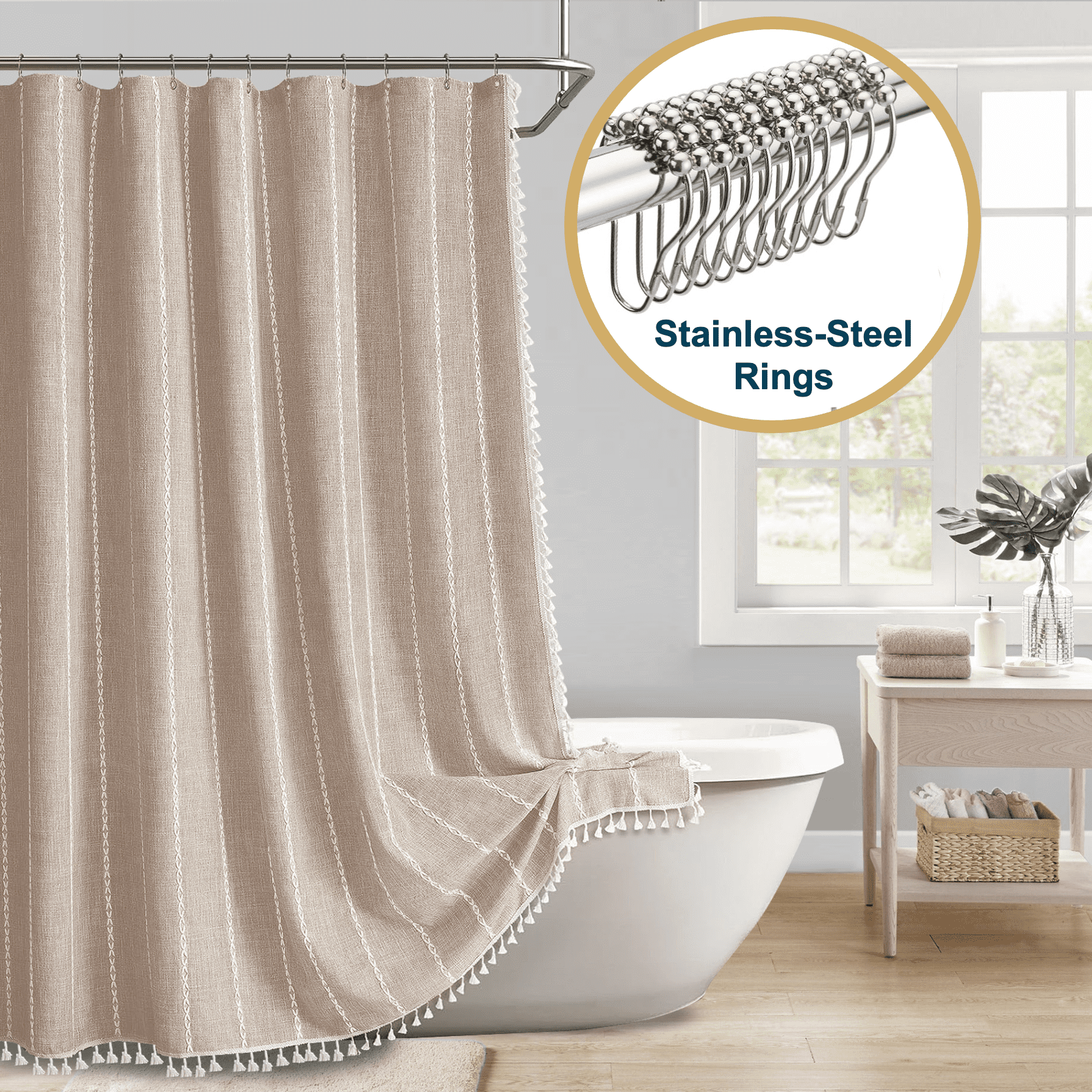 ComfiTime Tassel Shower Curtain Set with Hooks 330 GSM HeavyDuty