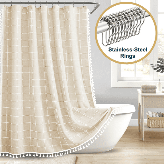 ComfiTime Tassel Shower Curtain Set with Hooks – 330 GSM Heavy-Duty Fabric Cloth, Boho Farmhouse Bathroom Curtain, Embroidered Hotel Luxury Linen, Water-Repellent, Machine-Washable, 72” x 72”, Beige