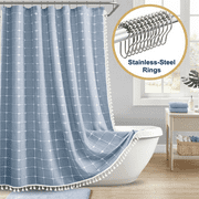 ComfiTime Tassel Shower Curtain Set with Hooks – 330 GSM Heavy-Duty Fabric Cloth, Boho Farmhouse Bathroom Curtain, Embroidered Hotel Luxury Linen, Water-Repellent, Machine-Washable, 72” x 72”, Blue
