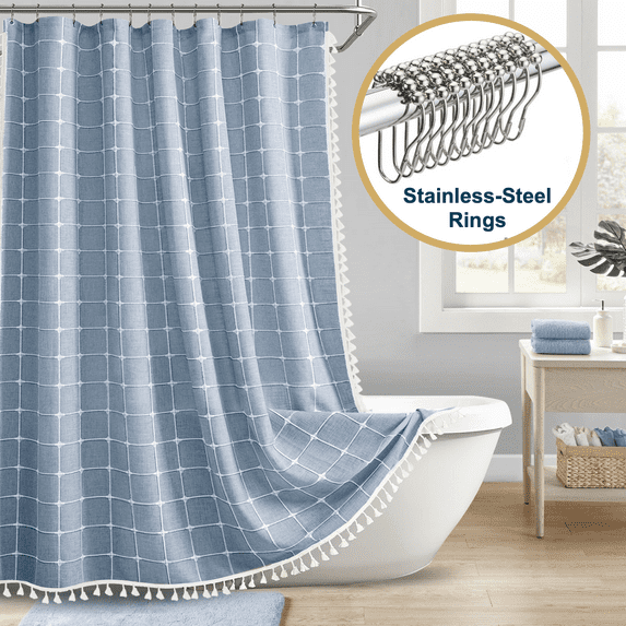 ComfiTime Tassel Shower Curtain Set with Hooks – 330 GSM Heavy-Duty Fabric Cloth, Boho Farmhouse Bathroom Curtain, Embroidered Hotel Luxury Linen, Water-Repellent, Machine-Washable, 72” x 72”, Blue