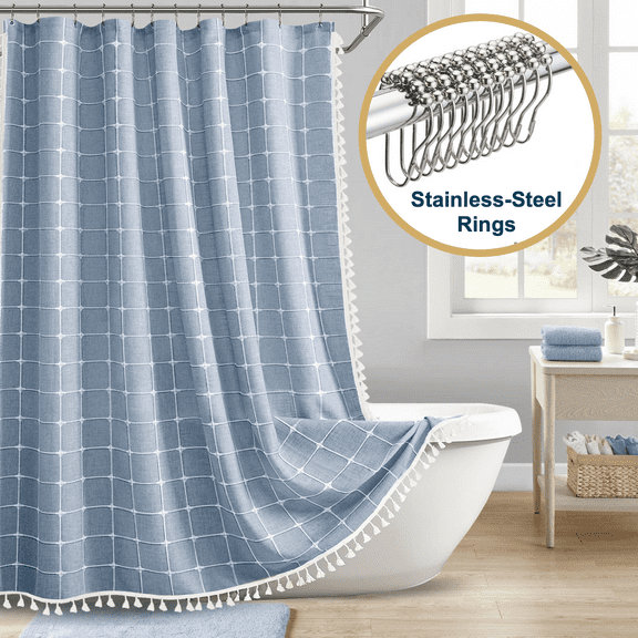 ComfiTime Tassel Shower Curtain Set with Hooks – 330 GSM Heavy-Duty Fabric Cloth, Boho Farmhouse Bathroom Curtain, Embroidered Hotel Luxury Linen, Water-Repellent, Machine-Washable, 72” x 72”, Blue