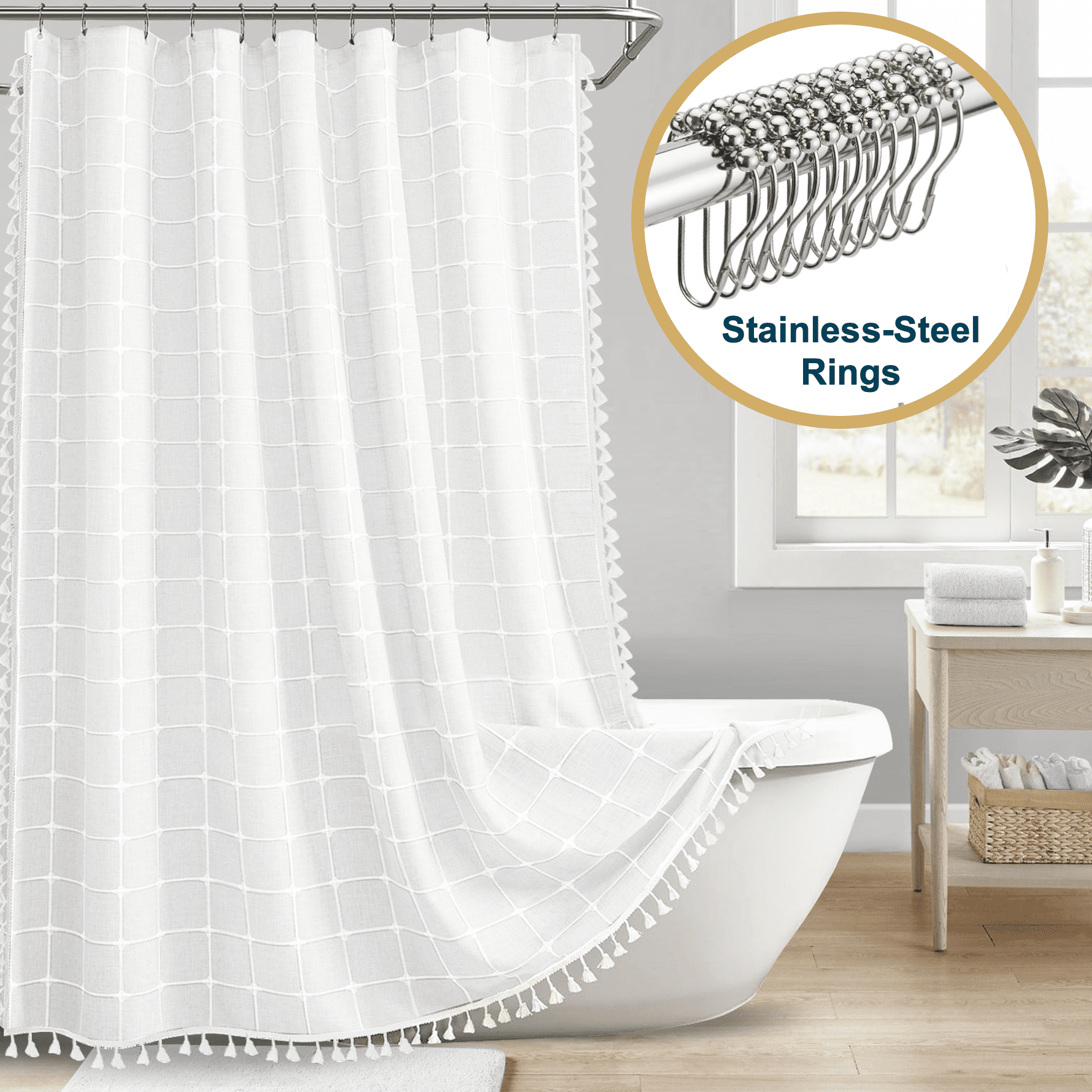 ComfiTime Tassel Shower Curtain Set with Hooks 330 GSM HeavyDuty Fabric Cloth, Boho Farmhouse