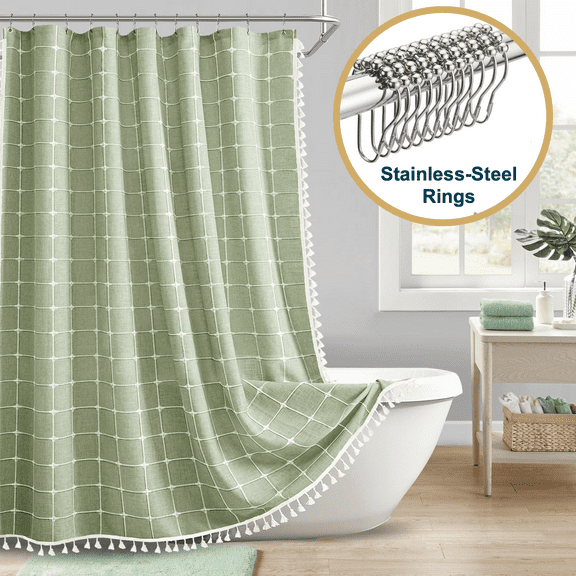ComfiTime Tassel Shower Curtain Set with Hooks – 330 GSM Heavy-Duty Fabric Cloth, Boho Farmhouse Bathroom Curtain, Embroidered Hotel Luxury Linen, Water-Repellent, Machine-Washable, 72” x 72”, Green