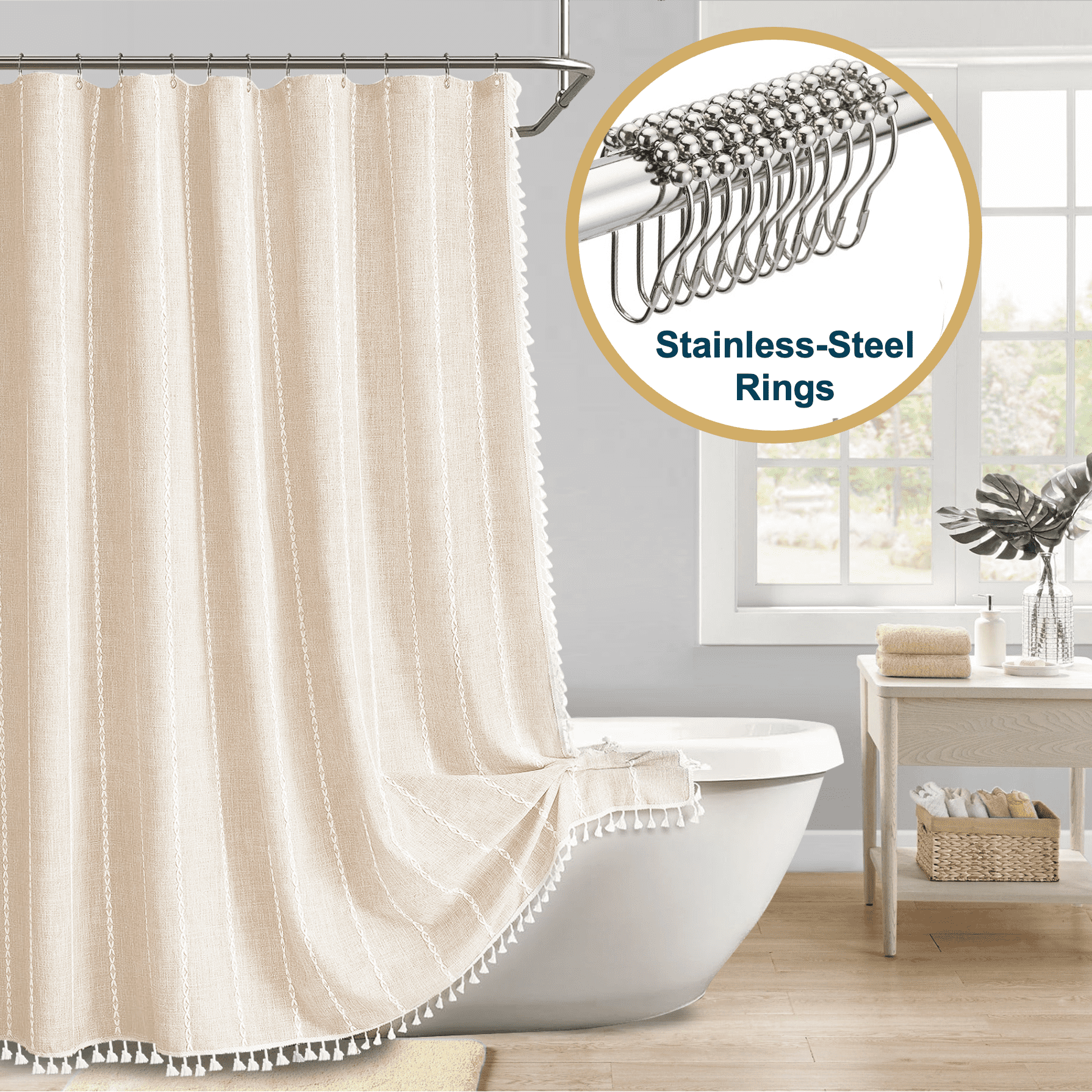 ComfiTime Tassel Shower Curtain Set with Hooks 330 GSM HeavyDuty Fabric Cloth, Boho Farmhouse