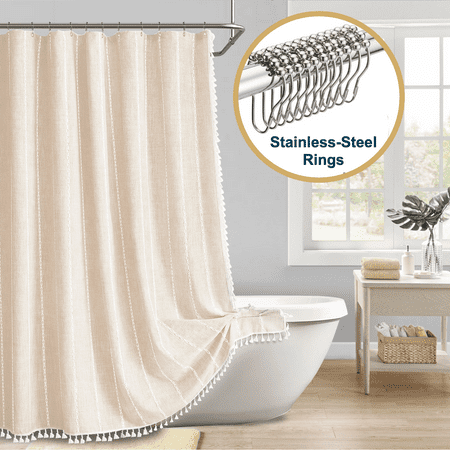 ComfiTime Tassel Shower Curtain Set with Hooks – 330 GSM Heavy-Duty Fabric Cloth, Boho Farmhouse Bathroom Curtain, Embroidered Hotel Luxury Linen, Water-Repellent, Machine-Washable, 72” x 72”, Beige
