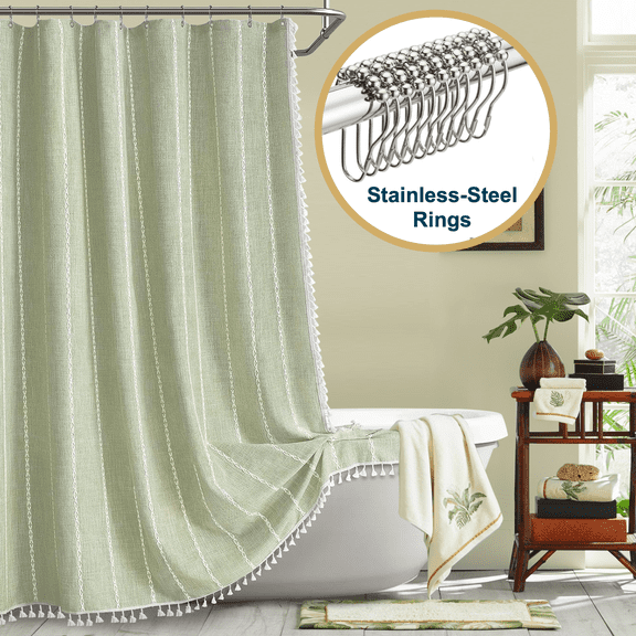 ComfiTime Tassel Shower Curtain Set with Hooks – 330 GSM Heavy-Duty Fabric Cloth, Boho Farmhouse Bathroom Curtain, Embroidered Hotel Luxury Linen, Water-Repellent, Machine-Washable, 72” x 72”, Green