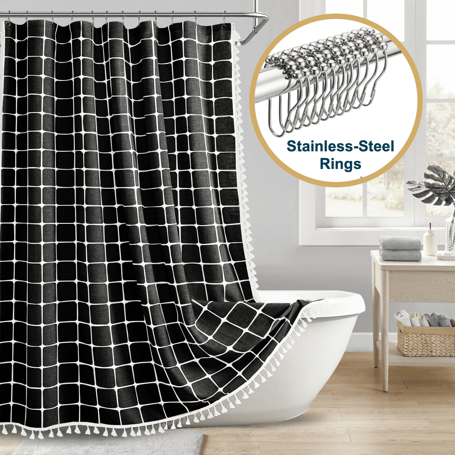 ComfiTime Tassel Shower Curtain Set with Hooks – 330 GSM Heavy-Duty Fabric Cloth, Boho Farmhouse Bathroom Curtain, Embroidered Hotel Luxury Linen, Water-Repellent, Machine-Washable, 72” x 72”, Black