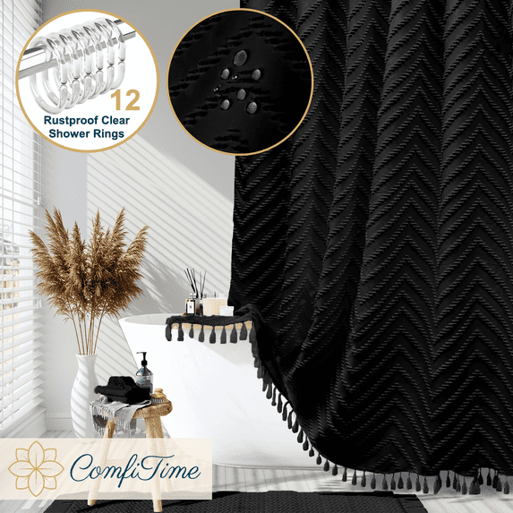 ComfiTime 13-Pc Tassel Shower Curtain with Hooks – Elegant Tufted Chevron Pattern, Soft Fabric Cloth, Boho Farmhouse Bathroom Curtain, Water-Repellent, Machine-Washable, 72 x 72, Black
