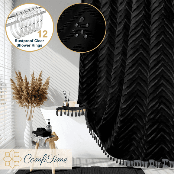 ComfiTime 13-Pc Tassel Shower Curtain with Hooks – Elegant Tufted Chevron Pattern, Soft Fabric Cloth, Boho Farmhouse Bathroom Curtain, Water-Repellent, Mold-Resistant, Machine-Washable, 72 x 72,Black