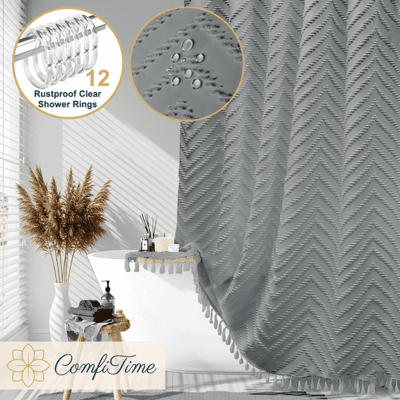 ComfiTime 13-Pc Tassel Shower Curtain with Hooks – Elegant Tufted Chevron Pattern, Soft Fabric Cloth, Boho Farmhouse Bathroom Curtain, Water-Repellent, Mold-Resistant, Machine-Washable, 72 x 72, Gray