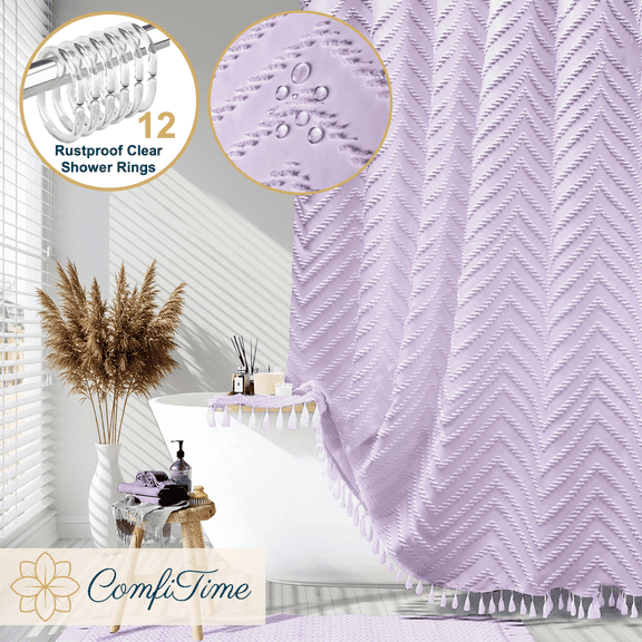 ComfiTime 13-Pc Tassel Shower Curtain with Hooks – Elegant Tufted Chevron Pattern, Soft Fabric Cloth, Extra-Long Boho Farmhouse Bathroom Curtain, Water-Repellent, Machine-Washable, 72 x 78, Lavender