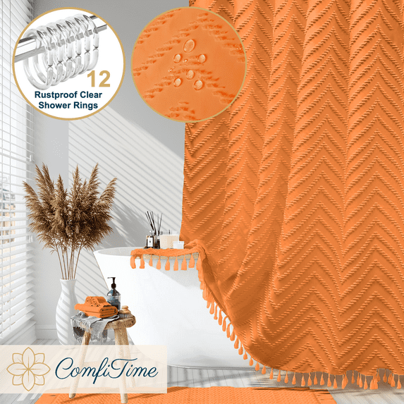 ComfiTime 13-Pc Tassel Shower Curtain with Hooks – Elegant Tufted Chevron Pattern, Soft Fabric Cloth, Extra-Long Boho Farmhouse Bathroom Curtain, Water-Repellent, Machine-Washable, 72 x 78, Orange