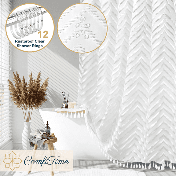 ComfiTime 13-Pc Tassel Shower Curtain with Hooks – Elegant Tufted Chevron Pattern, Soft Fabric Cloth, Boho Farmhouse Bathroom Curtain, Water-Repellent, Mold-Resistant, Machine-Washable, 72 x 72,White