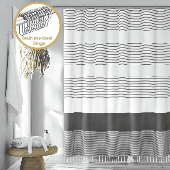 ComfiTime 13-Piece Tassel Shower Curtain Set with Hooks, Heavy-Duty Slub Fabric, Boho Farmhouse Striped Bathroom Curtain, Water-Repellent, Machine Washable, 72 x 72 in, Dark Gray and White