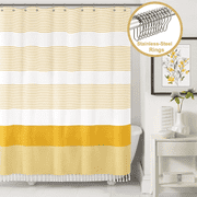 ComfiTime 13-Piece Tassel Shower Curtain Set with Hooks, Heavy-Duty Slub Fabric, Boho Farmhouse Striped Bathroom Curtain, Water-Repellent, Machine Washable, 72 x 72 in, Yellow and White