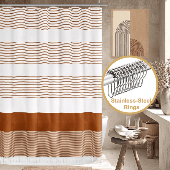 ComfiTime Tassel Shower Curtain Set with Hooks – Heavy-Duty Fabric Cloth, Boho Farmhouse Bathroom Curtain, Striped Hotel Luxury Linen, Water-Repellent, Machine-Washable, 72”* 72”, Orange