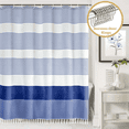 thumbnail image 1 of ComfiTime 13-Piece Tassel Shower Curtain Set with Hooks, Heavy-Duty Slub Fabric, Boho Farmhouse Striped Bathroom Curtain, Water-Repellent, Machine Washable, 72 x 72 in, Navy and White, 1 of 13
