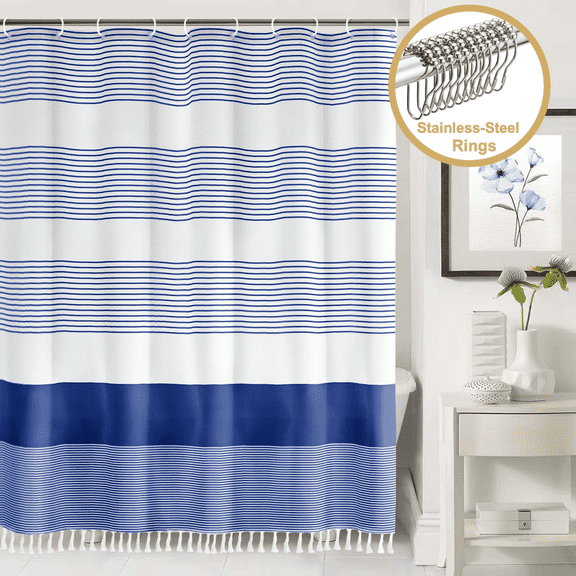 ComfiTime 13-Piece Tassel Shower Curtain Set with Hooks, Heavy-Duty Slub Fabric, Boho Farmhouse Striped Bathroom Curtain, Water-Repellent, Machine Washable, 72 x 72 in, Navy and White