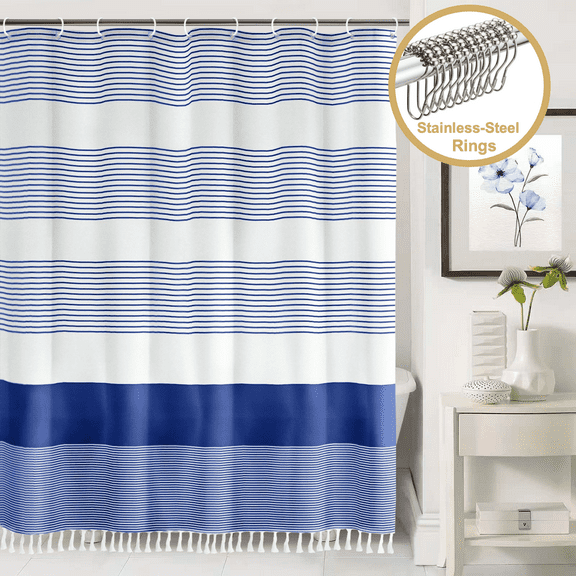ComfiTime Tassel Shower Curtain Set with Hooks – Heavy-Duty Fabric Cloth, Boho Farmhouse Bathroom Curtain, Striped Hotel Luxury Linen, Water-Repellent, Machine-Washable, 72”* 72”, Navy