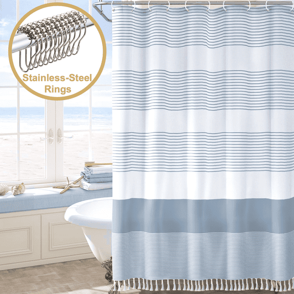 ComfiTime 13-Piece Tassel Shower Curtain Set with Hooks, Heavy-Duty Slub Fabric, Boho Farmhouse Striped Bathroom Curtain, Water-Repellent, Machine Washable, 72 x 72 in, Light Blue and White