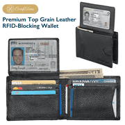 Men's Wallet Billfolds, Top Grain Leather RFID Bifold Wallet for Men & Women, 2 ID Windows, 11 Card Slots, 2 Cash Pockets, Gift Box, Black