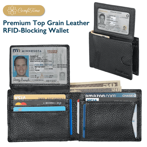 ComfiTime Men's Wallet Billfolds, Top Grain Leather RFID Bifold Wallet for Men & Women, 2 ID Windows, 11 Card Slots, 2 Cash Pockets, Gift Box, Black