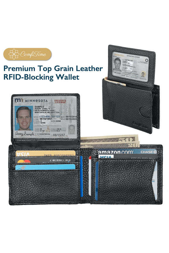 Men's Wallet Billfolds, Top Grain Leather RFID Bifold Wallet for Men & Women, 2 ID Windows, 11 Card Slots, 2 Cash Pockets, Gift Box, Black