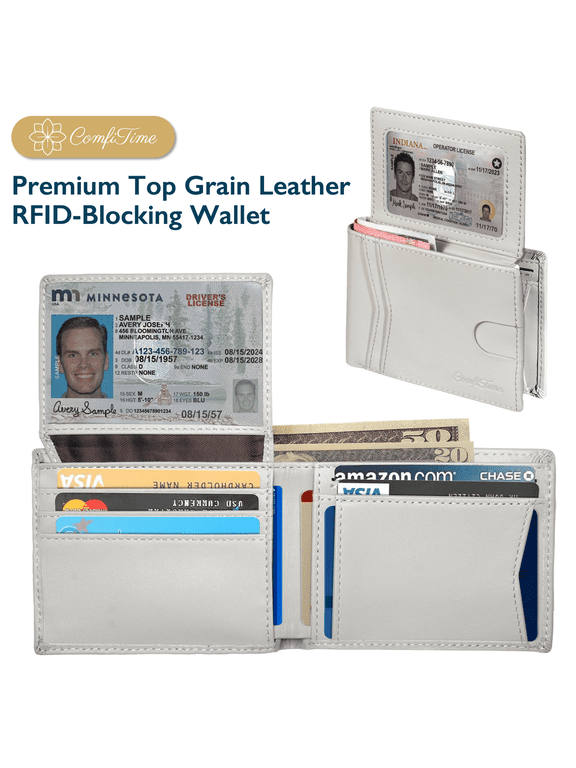 Men's Wallet Billfolds, Top Grain Leather RFID Bifold Wallet for Men & Women, 2 ID Windows, 11 Card Slots, 2 Cash Pockets, Light Gray