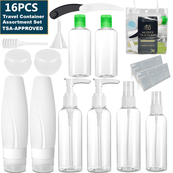 ComfiTime Travel Bottles, 16-PCS TSA-Approved Leakproof Travel Size Containers Kit for Toiletries, Refillable Travel Shampoo & Conditioner Bottles, Airplane Travel Accessories & Essentials for Women