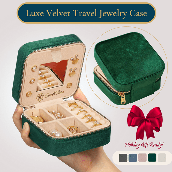 ComfiTime Travel Jewelry Case with Mirror – Plush Velvet Jewelry Box Organizer for Men & Women, Small Jewelry Storage Box for Earrings, Bracelets & Watch, Jewlery Holder W/ Removable Divider