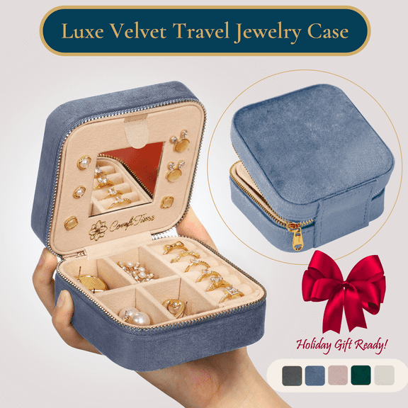 ComfiTime Travel Jewelry Case with Mirror – Plush Velvet Jewelry Box Organizer for Men & Women, Small Jewelry Storage Box for Earrings, Bracelets & Watch, Jewlery Holder W/ Removable Divider