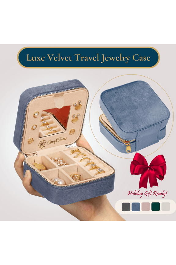 Travel Jewelry Case with Mirror – Plush Velvet Jewelry Box Organizer for Men & Women, Small Jewelry Storage Box for Earrings, Bracelets & Watch, Jewlery Holder W/ Removable Divider