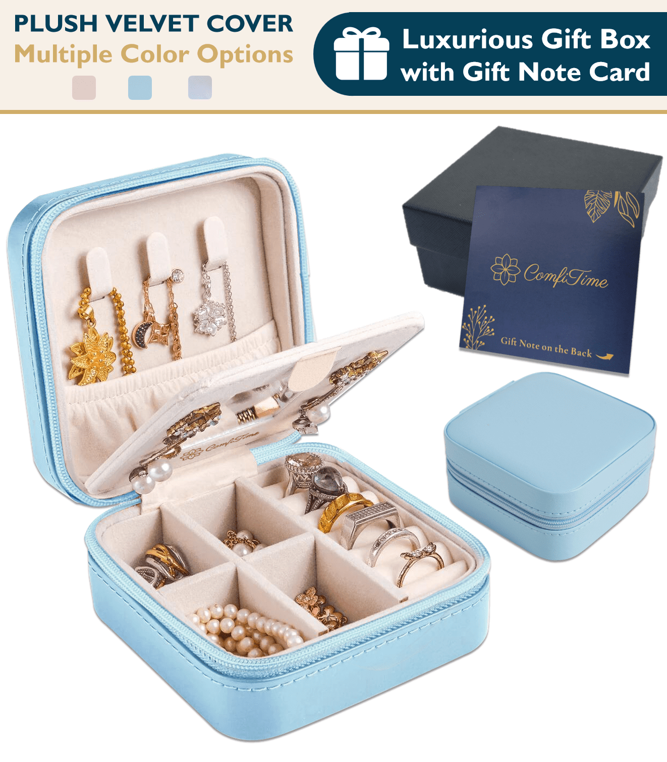 ComfiTime Travel Jewelry Case with Mirror PU Leather Jewelry Box