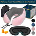 thumbnail image 1 of ComfiTime Travel Pillow and Sleep Mask Set - Memory Foam Neck Pillow and Eye Mask for Sleeping Airplane Flight, Car & Office. Compressible Foldable Portable Neck Support w/ Washable Cover & Bag, Pink, 1 of 11