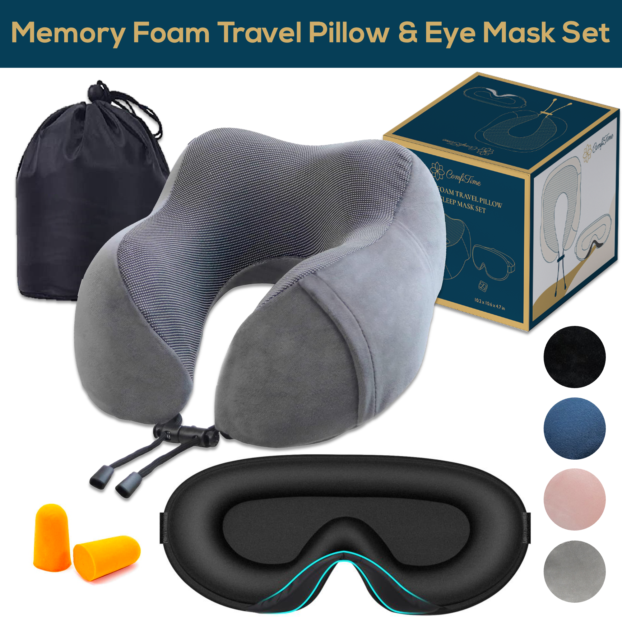 ComfiTime Travel Pillow and Sleep Mask Set Memory Foam Neck Pillow